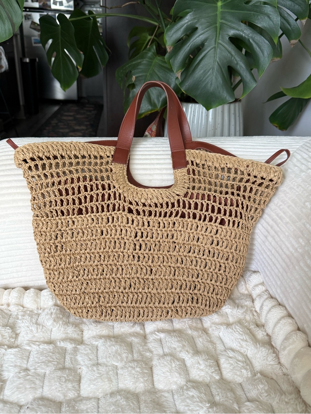 COS Woven Straw Tote with Brown Leather Handles